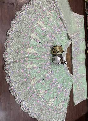 Sea Green Color Coding Sequins Work Butterfly Net Lehenga Choli Dupatta Set 5