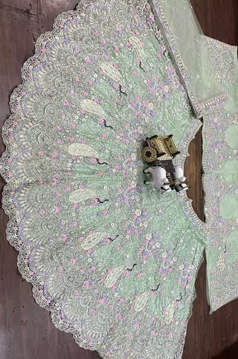 Sea Green Color Coding Sequins Work Butterfly Net Lehenga Choli Dupatta Set