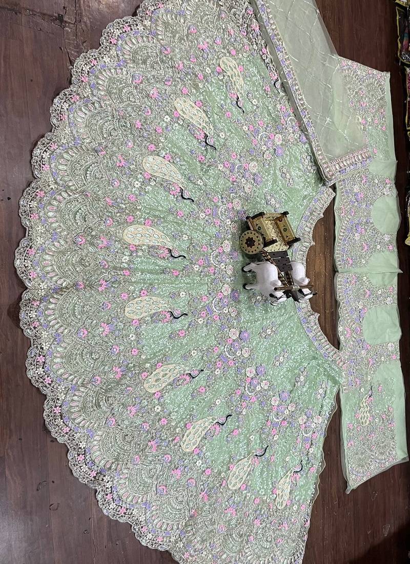 Sea Green Color Coding Sequins Work Butterfly Net Lehenga Choli Dupatta Set