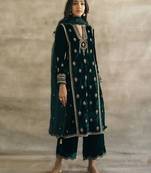 green velvet embroidered kurti pant set with organza dupatta
