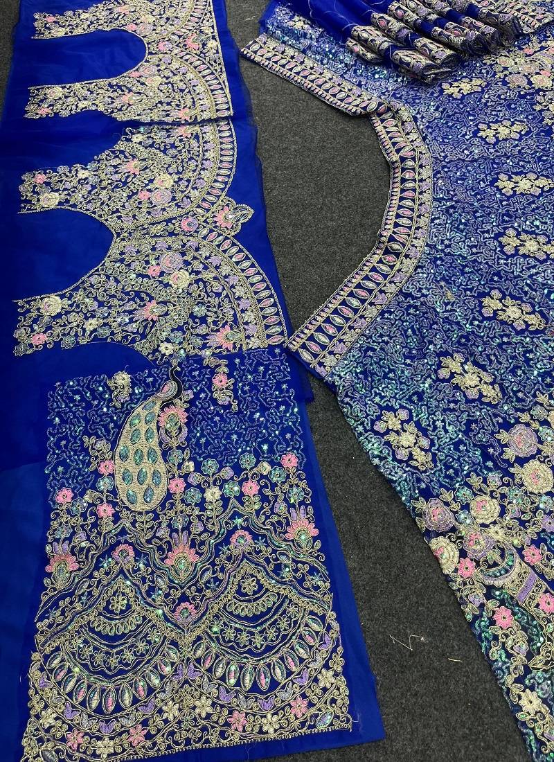 Royal Blue Color Coding Sequins Work Butterfly Net Lehenga Choli Dupatta Set