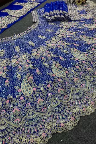 Royal Blue Color Coding Sequins Work Butterfly Net Lehenga Choli Dupatta Set
