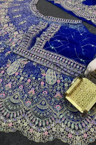 Royal Blue Color Coding Sequins Work Butterfly Net Lehenga Choli Dupatta Set