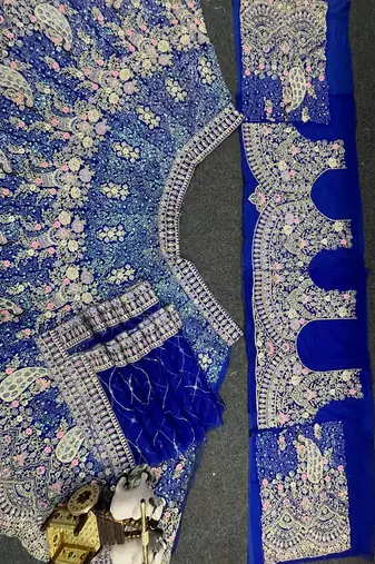Royal Blue Color Coding Sequins Work Butterfly Net Lehenga Choli Dupatta Set