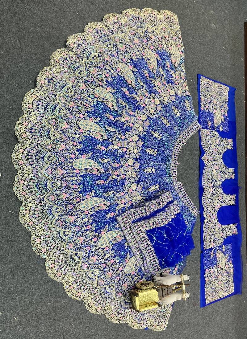 Royal Blue Color Coding Sequins Work Butterfly Net Lehenga Choli Dupatta Set