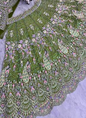 Olive Color Coding Sequins Work Butterfly Net Lehenga Choli Dupatta Set 2