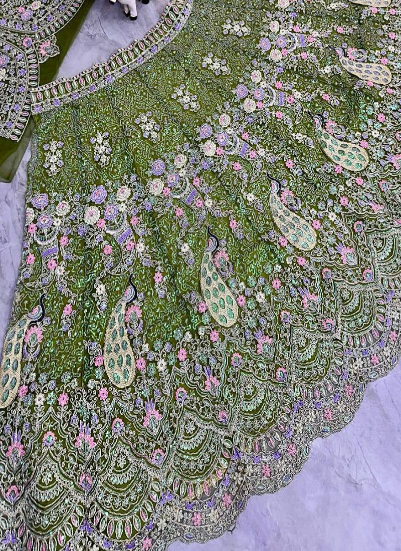Olive Color Coding Sequins Work Butterfly Net Lehenga Choli Dupatta Set