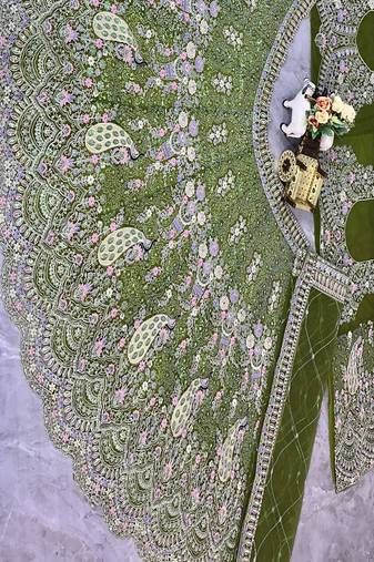 Olive Color Coding Sequins Work Butterfly Net Lehenga Choli Dupatta Set