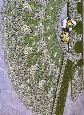 Olive Color Coding Sequins Work Butterfly Net Lehenga Choli Dupatta Set 1