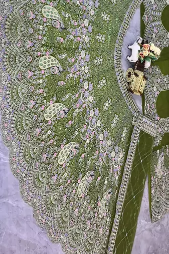 Olive Color Coding Sequins Work Butterfly Net Lehenga Choli Dupatta Set