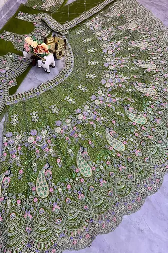 Olive Color Coding Sequins Work Butterfly Net Lehenga Choli Dupatta Set