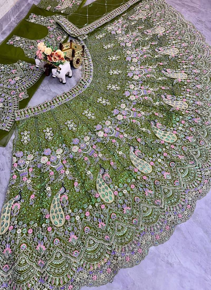Olive Color Coding Sequins Work Butterfly Net Lehenga Choli Dupatta Set