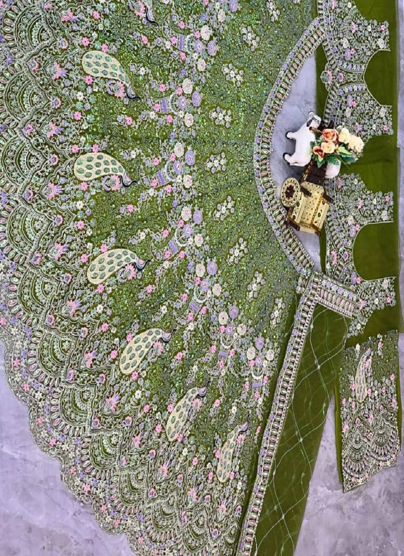Olive Color Coding Sequins Work Butterfly Net Lehenga Choli Dupatta Set