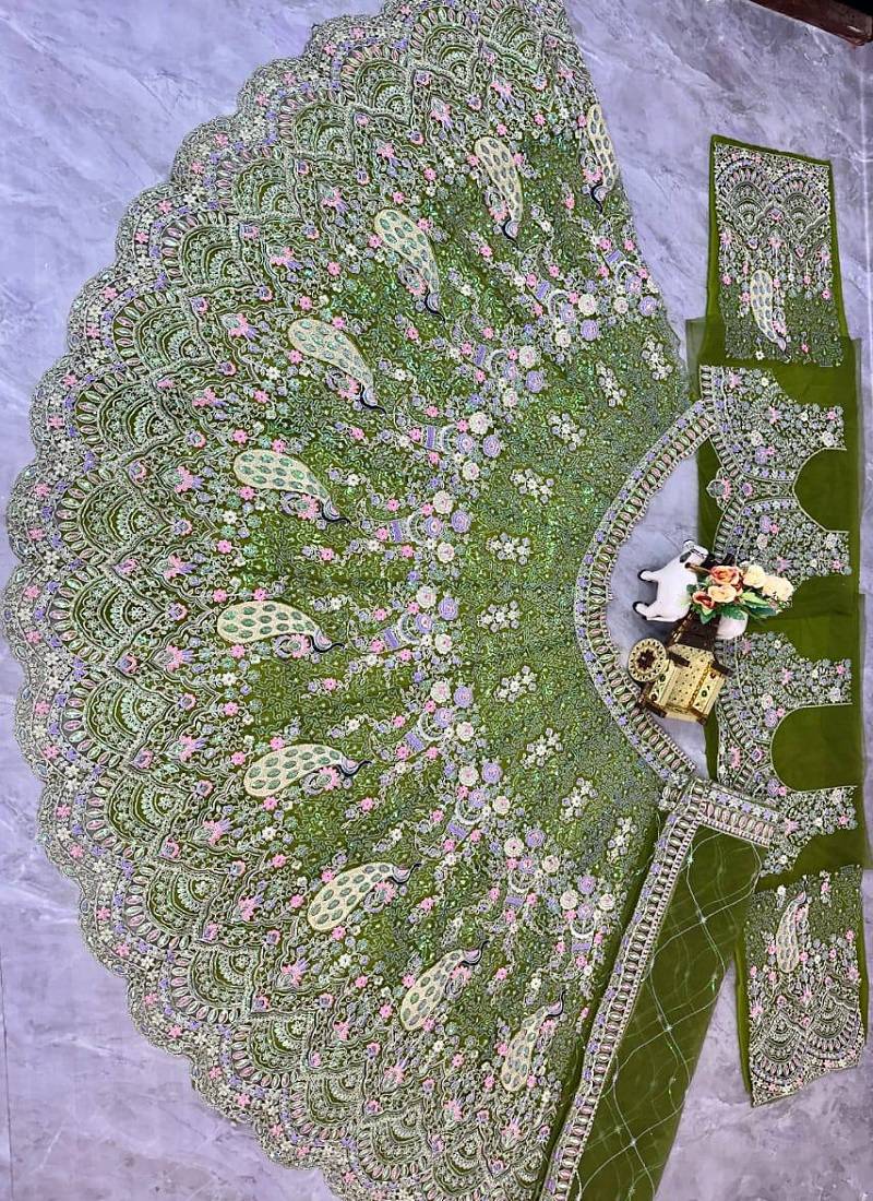 Olive Color Coding Sequins Work Butterfly Net Lehenga Choli Dupatta Set