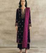 purple velvet embroidered kurti pant set with organza dupatta