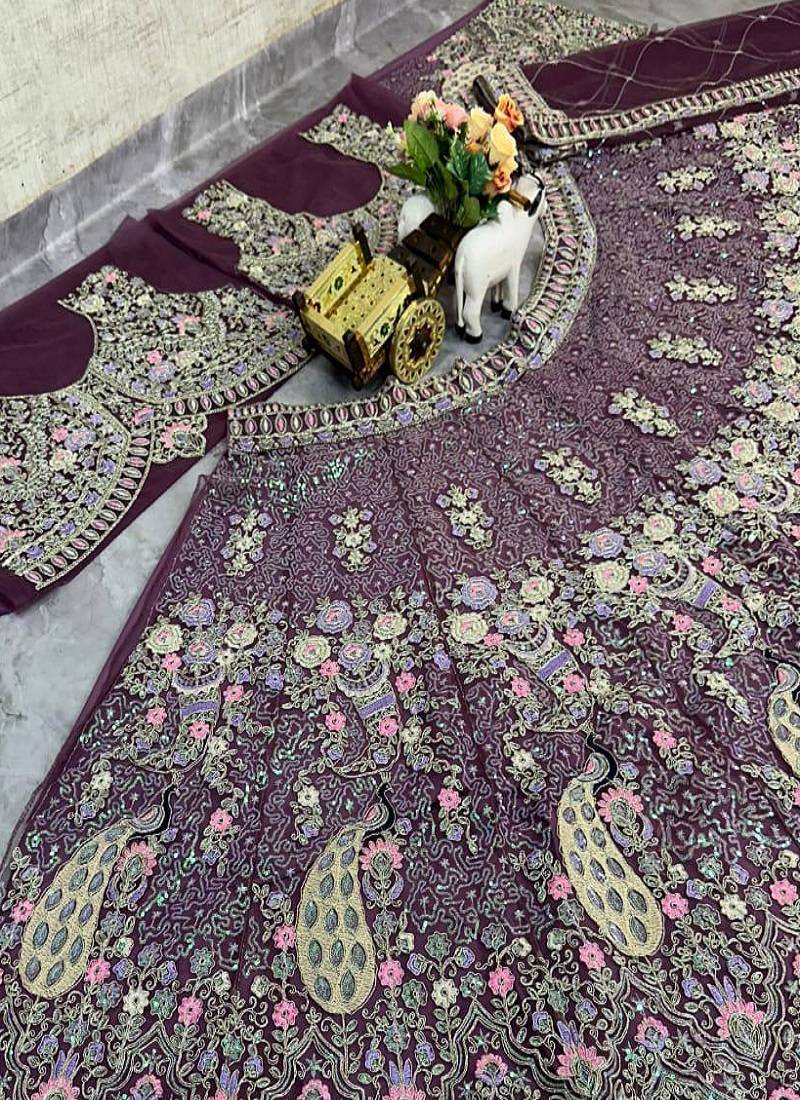 Plum Color Coding Sequins Work Butterfly Net Lehenga Choli Dupatta Set