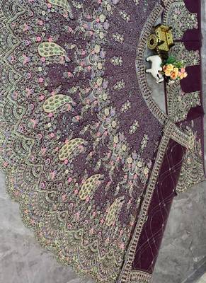 Plum Color Coding Sequins Work Butterfly Net Lehenga Choli Dupatta Set 4
