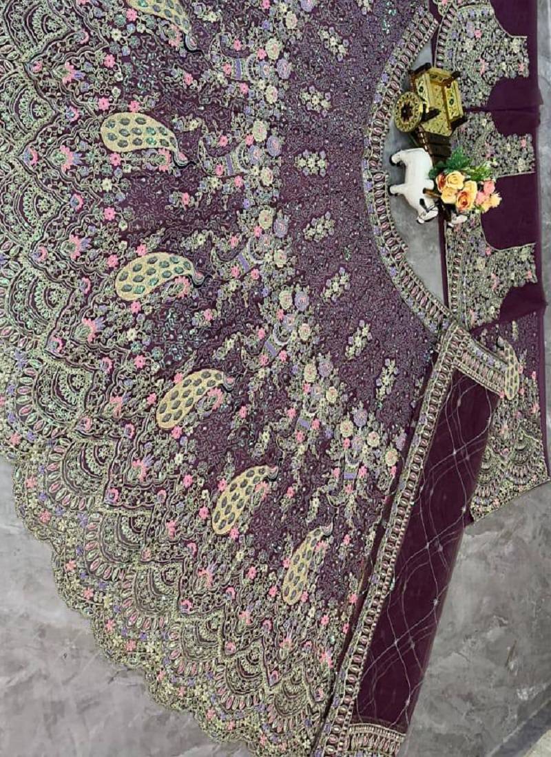 Plum Color Coding Sequins Work Butterfly Net Lehenga Choli Dupatta Set