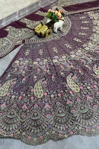 Plum Color Coding Sequins Work Butterfly Net Lehenga Choli Dupatta Set