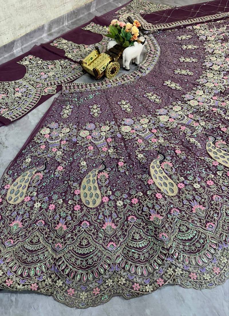 Plum Color Coding Sequins Work Butterfly Net Lehenga Choli Dupatta Set