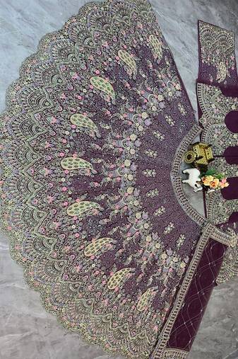 Plum Color Coding Sequins Work Butterfly Net Lehenga Choli Dupatta Set