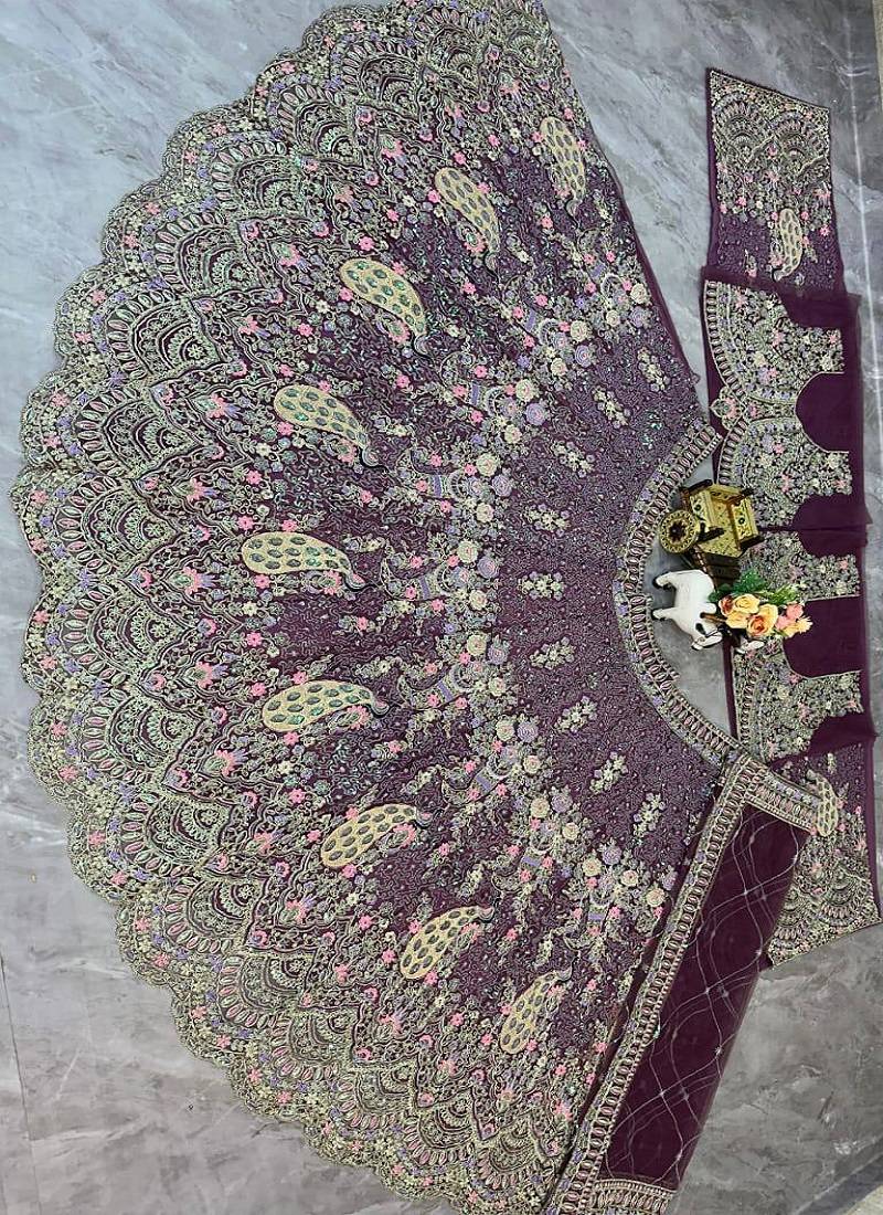 Plum Color Coding Sequins Work Butterfly Net Lehenga Choli Dupatta Set