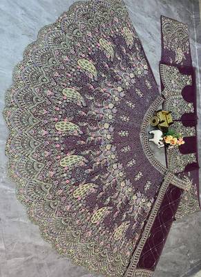 Plum Color Coding Sequins Work Butterfly Net Lehenga Choli Dupatta Set 1