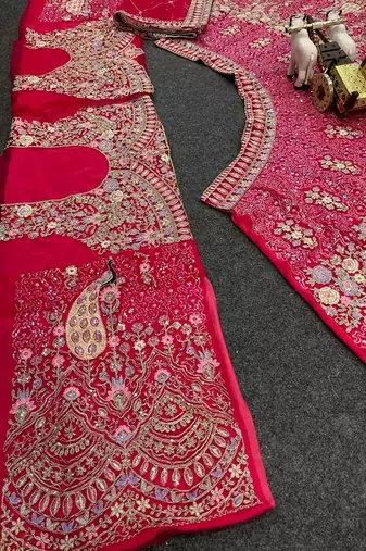 Red Color Coding Sequins Work Butterfly Net Lehenga Choli Dupatta Set