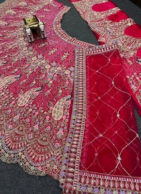 Red Color Coding Sequins Work Butterfly Net Lehenga Choli Dupatta Set 3