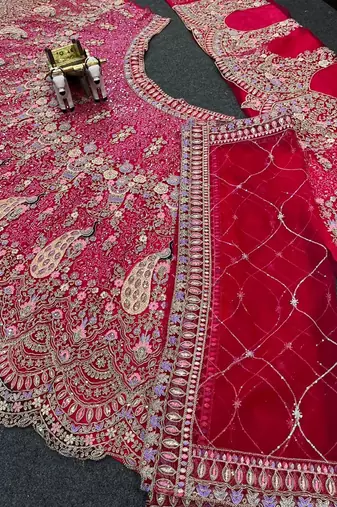 Red Color Coding Sequins Work Butterfly Net Lehenga Choli Dupatta Set