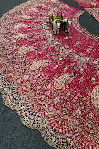 Red Color Coding Sequins Work Butterfly Net Lehenga Choli Dupatta Set