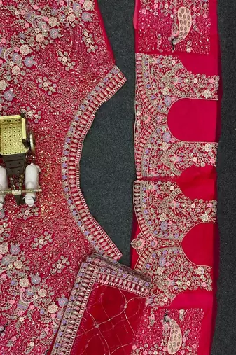 Red Color Coding Sequins Work Butterfly Net Lehenga Choli Dupatta Set
