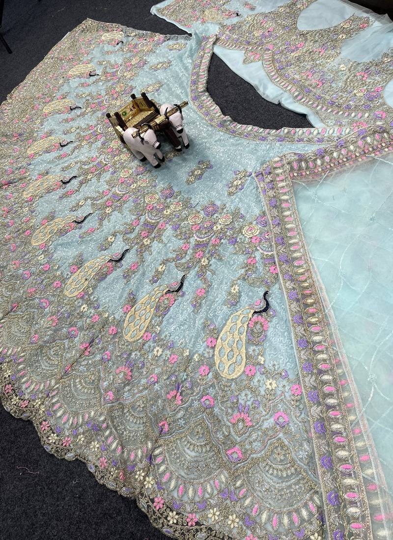 Sky Blue Color Coding Sequins Work Butterfly Net Lehenga Choli Dupatta Set