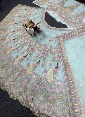 Sky Blue Color Coding Sequins Work Butterfly Net Lehenga Choli Dupatta Set 1