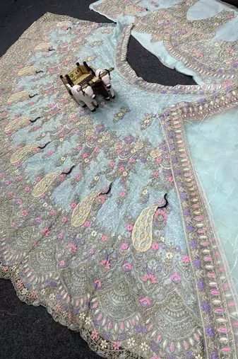 Sky Blue Color Coding Sequins Work Butterfly Net Lehenga Choli Dupatta Set