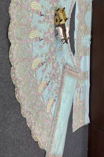 Sky Blue Color Coding Sequins Work Butterfly Net Lehenga Choli Dupatta Set
