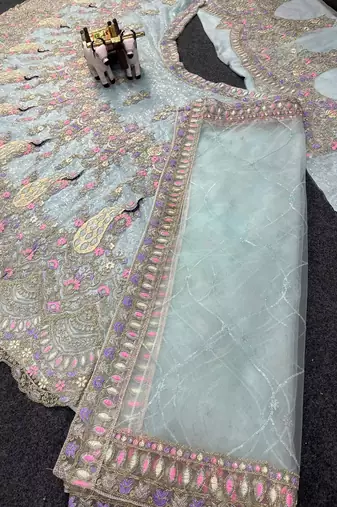Sky Blue Color Coding Sequins Work Butterfly Net Lehenga Choli Dupatta Set