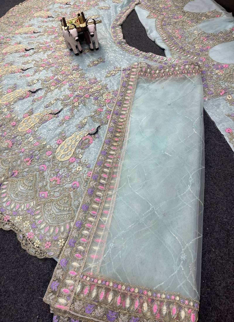 Sky Blue Color Coding Sequins Work Butterfly Net Lehenga Choli Dupatta Set