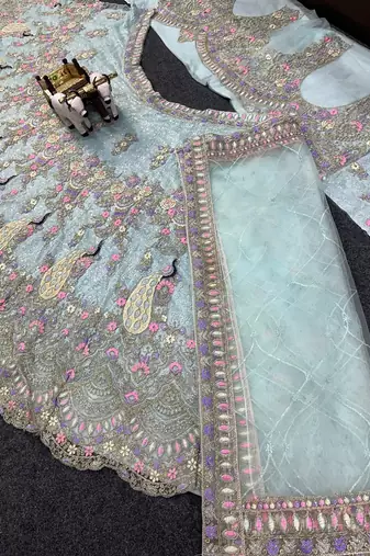 Sky Blue Color Coding Sequins Work Butterfly Net Lehenga Choli Dupatta Set