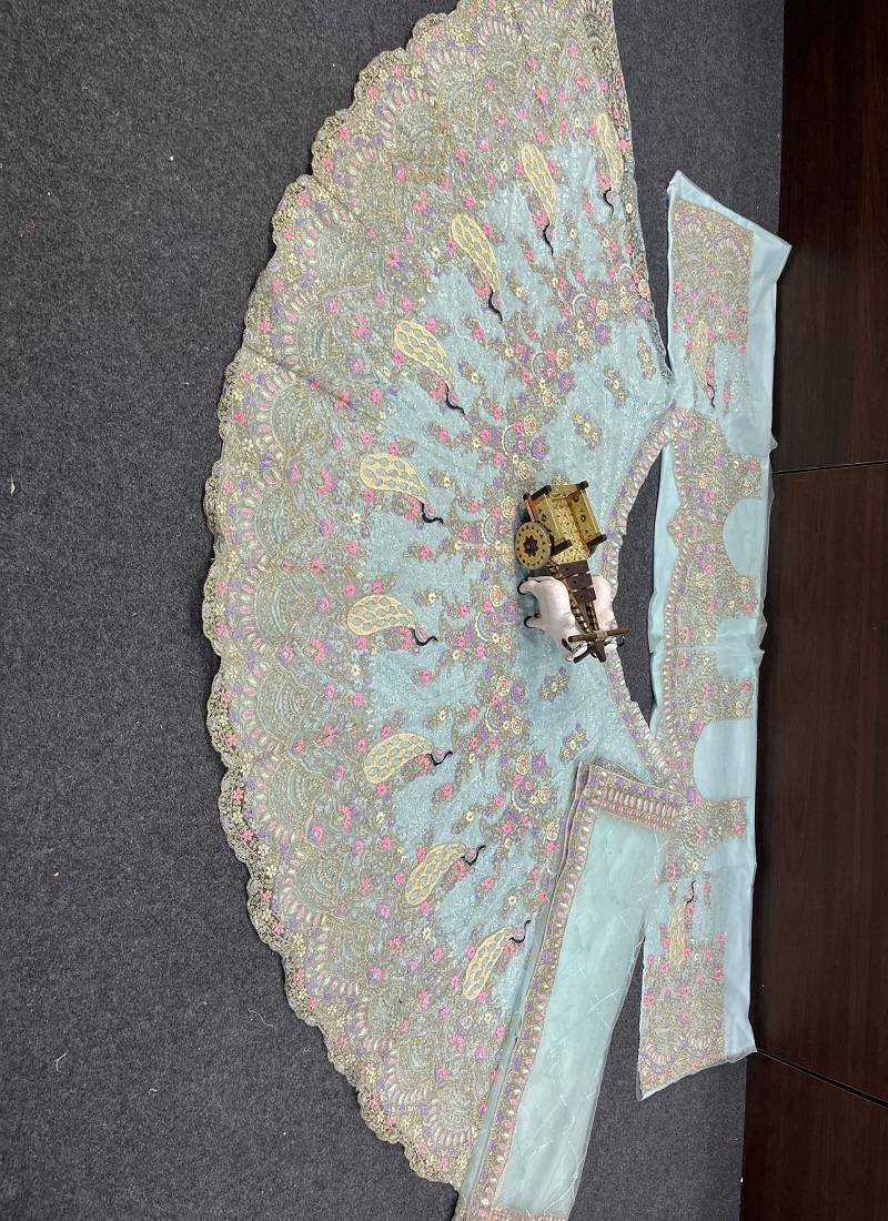 Sky Blue Color Coding Sequins Work Butterfly Net Lehenga Choli Dupatta Set