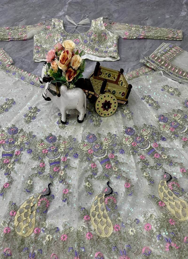 White Color Coding Sequins Work Butterfly Net Lehenga Choli Dupatta Set