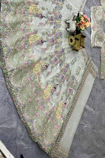 White Color Coding Sequins Work Butterfly Net Lehenga Choli Dupatta Set