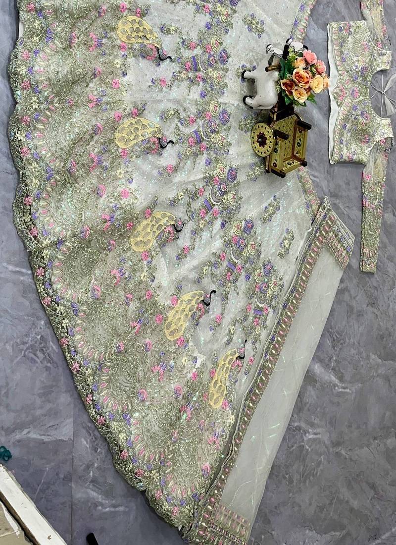 White Color Coding Sequins Work Butterfly Net Lehenga Choli Dupatta Set