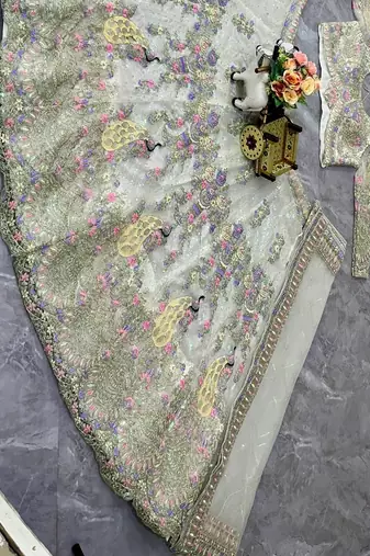 White Color Coding Sequins Work Butterfly Net Lehenga Choli Dupatta Set