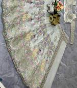 White Color Coding Sequins Work Butterfly Net Lehenga Choli Dupatta Set