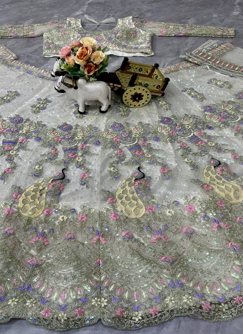 White Color Coding Sequins Work Butterfly Net Lehenga Choli Dupatta Set