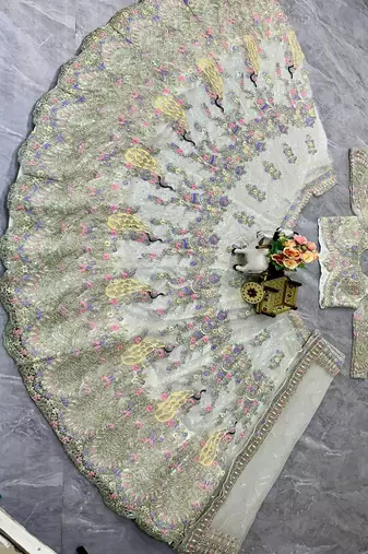 White Color Coding Sequins Work Butterfly Net Lehenga Choli Dupatta Set