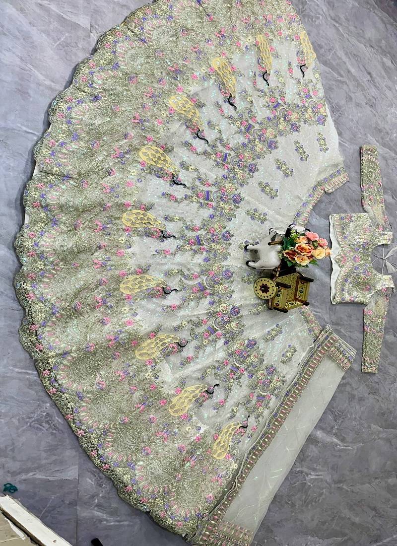 White Color Coding Sequins Work Butterfly Net Lehenga Choli Dupatta Set