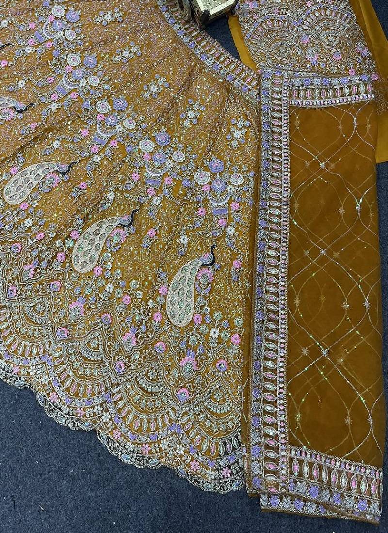 Amber Color Coding Sequins Work Butterfly Net Lehenga Choli Dupatta Set