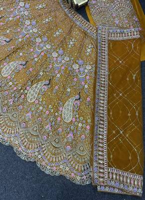 Amber Color Coding Sequins Work Butterfly Net Lehenga Choli Dupatta Set 1